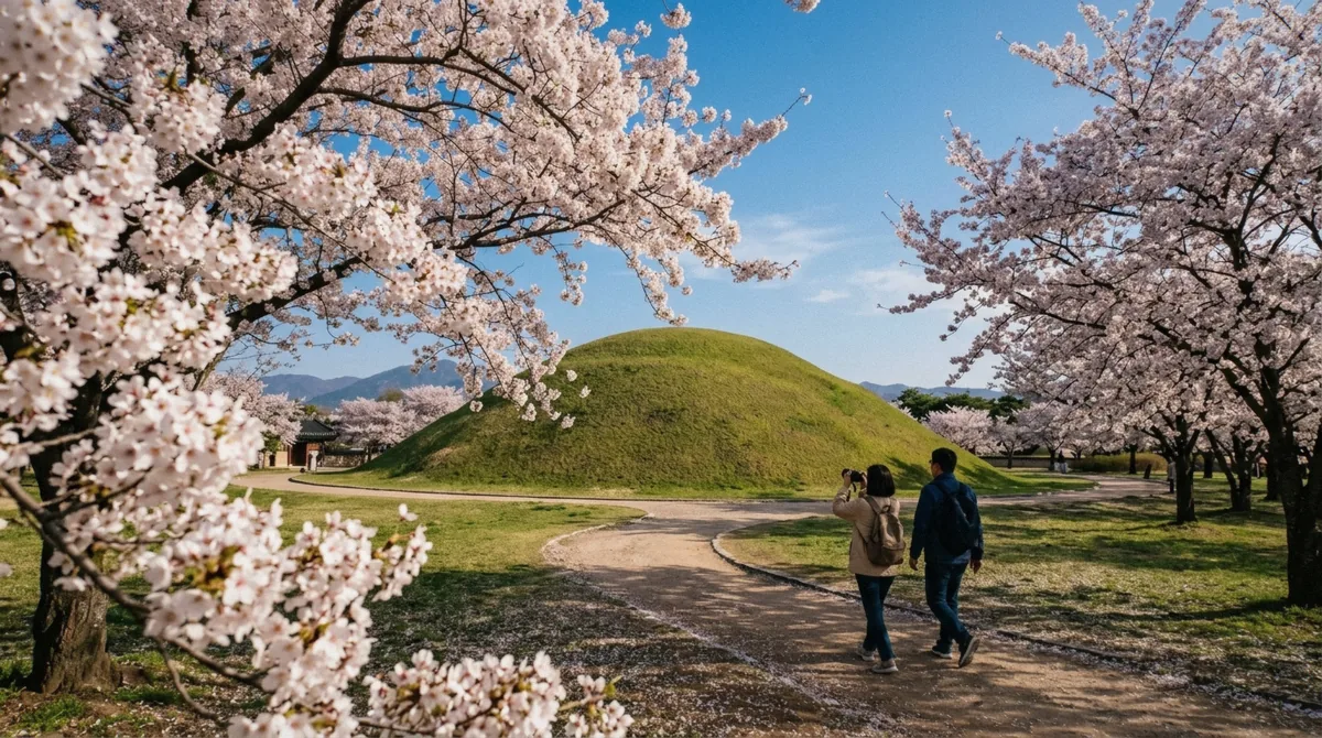 Cherry blossoms in full bloom over the royal tomb mounds, showing the best time to visit gyeongju in South Korea
