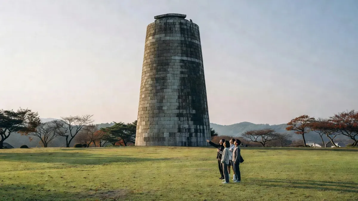 The bottle-shaped stone Cheomseongdae observatory in the historic core on a gyeongju city tour in Gyeongju, South Korea