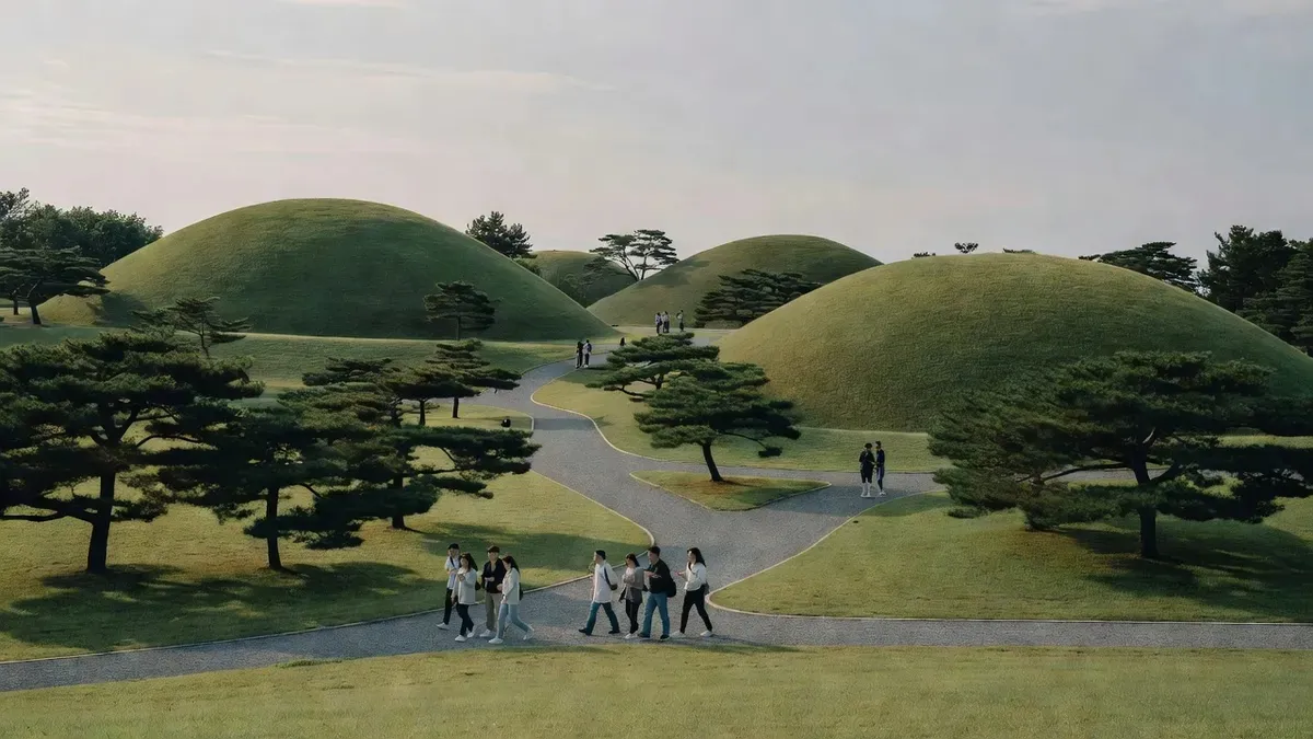 Grassy royal burial mounds of the Daereungwon tomb complex rising between city streets on a gyeongju city tour in Gyeongju, South Korea