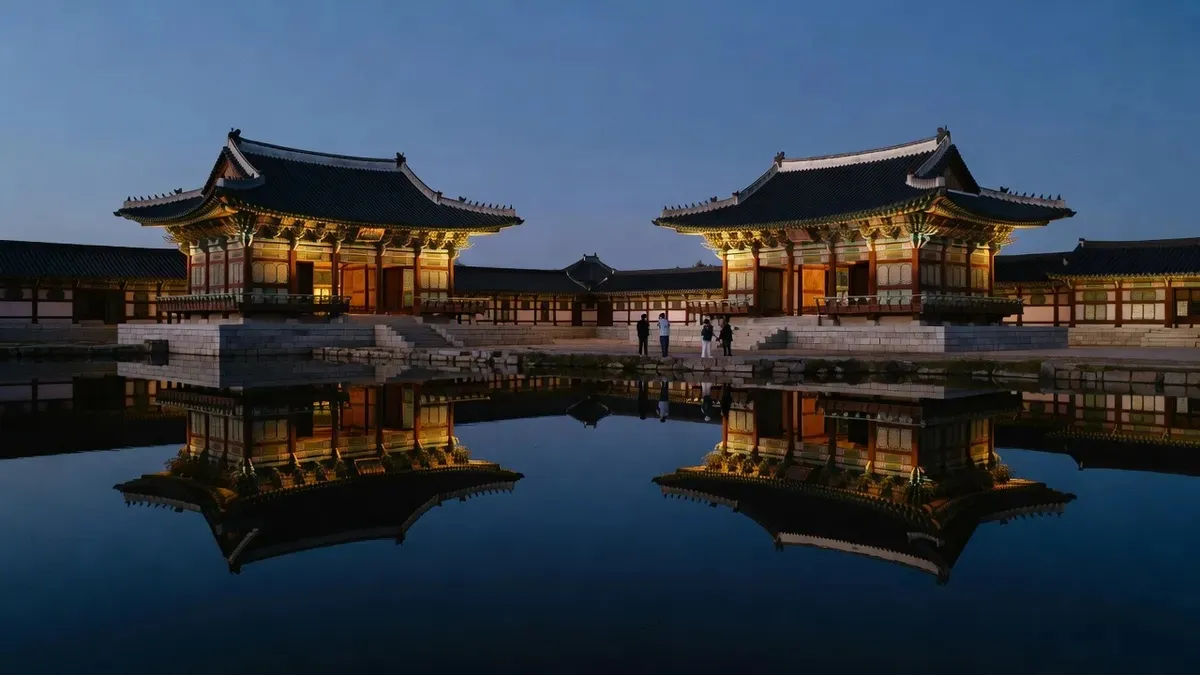 Floodlit pavilions of Donggung Palace mirrored in Wolji Pond at dusk on a gyeongju city tour in Gyeongju, South Korea